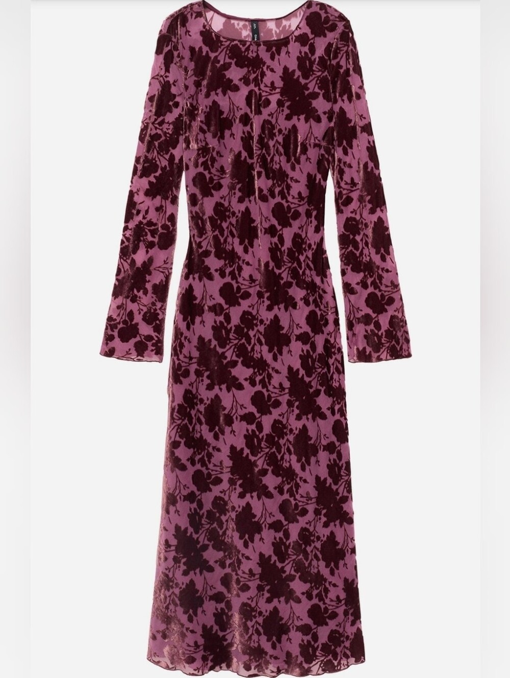 MNG Velvet Floral Long-Sleeve Midi Dress - Plum